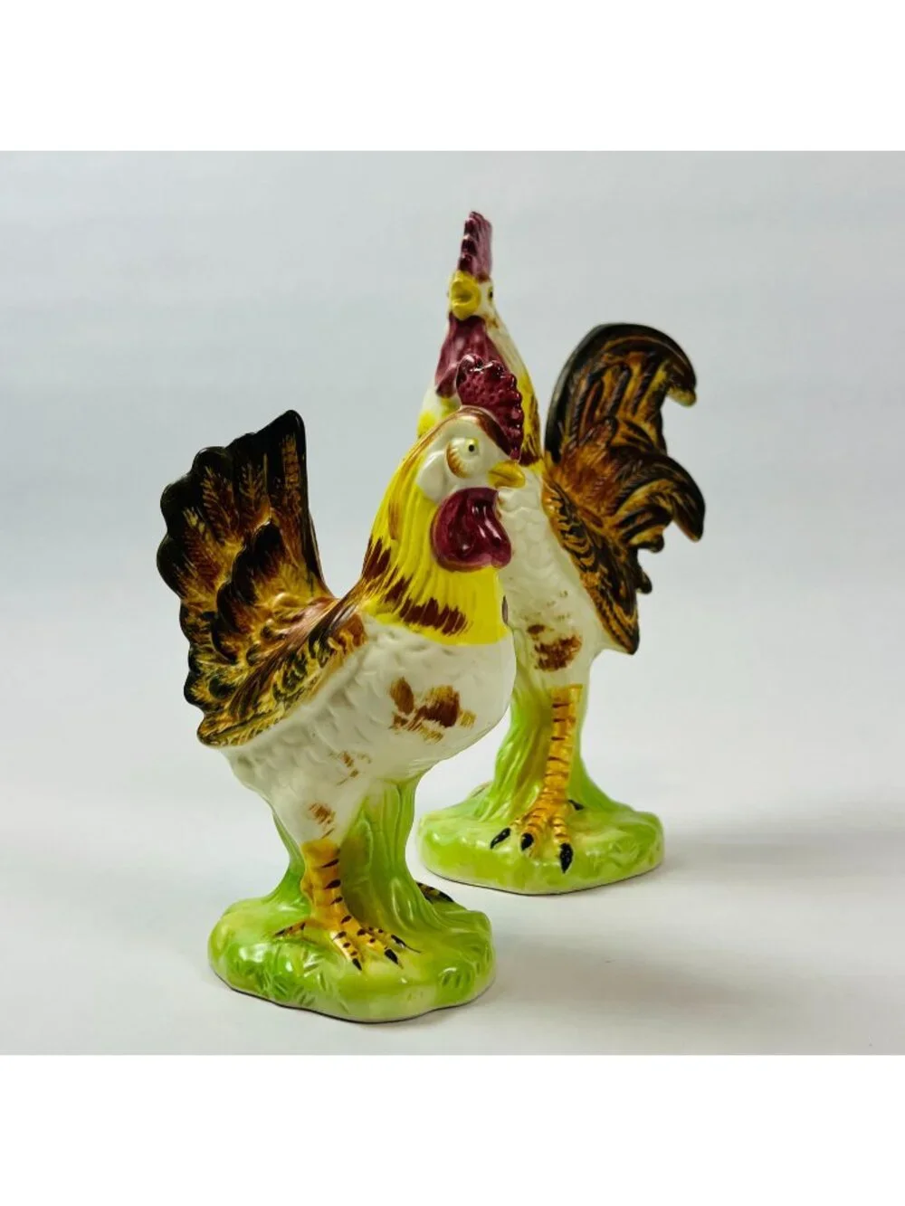 Vintage Rooster Figurine Pair Hand Painted Ceramic Farmhouse Kitchen Decor Japan
